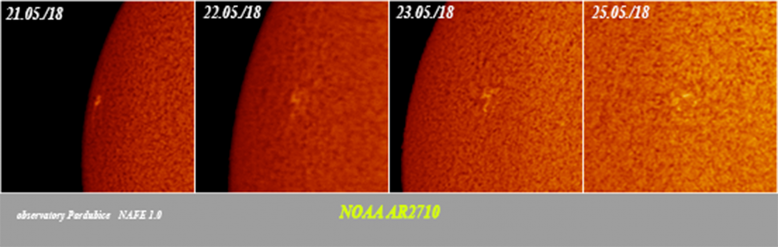 Vývoj aktivní oblasti NOAA AR2710 na Slunci. Obrázek je uměle obarvený.